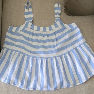 LOFT  Blue and White Striped Ruffle Tank